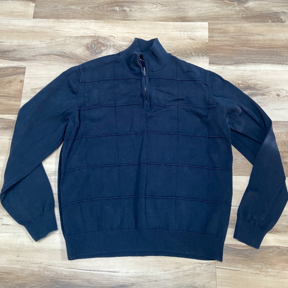 Van Heusen Quarter Zip Sweater Large Mens Pullover 100% Cotton Grid Navy Blue